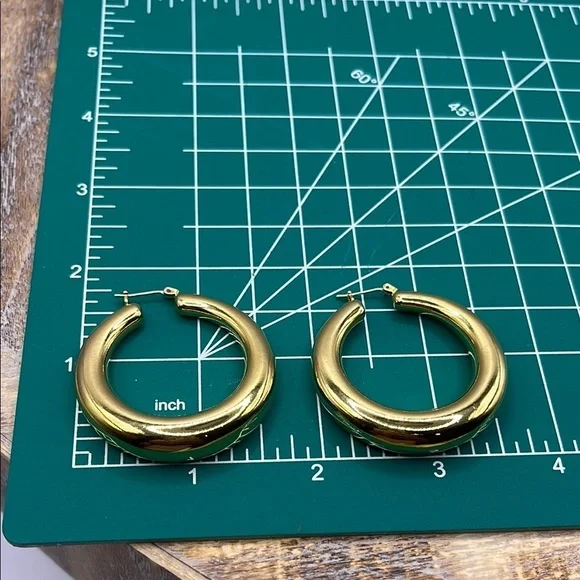 Sleek Gold Hoop Earrings with Modern Design 1 1/2” Round. Gold Tone Earrings - Picture 10 of 10